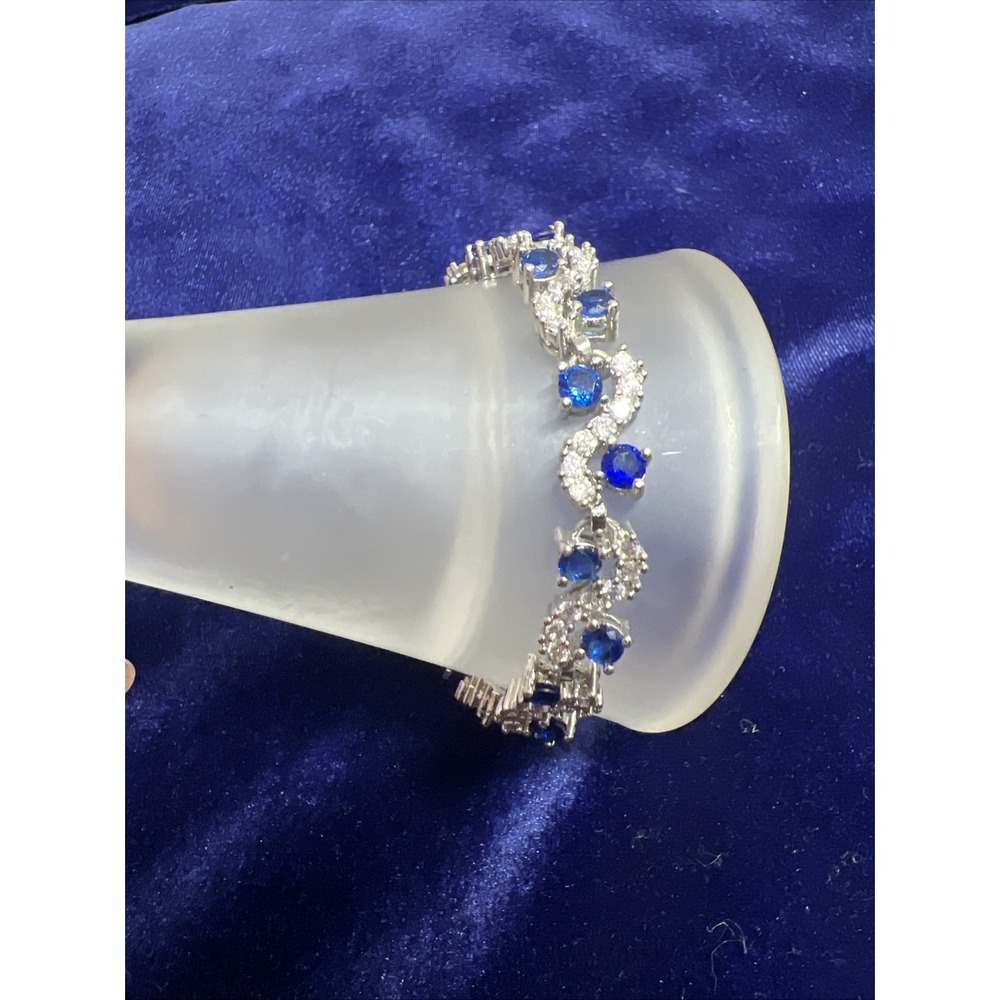 Tennis Bracelet Blue Clear Crystal Cubic Zirconia Silver Tone 6.5"